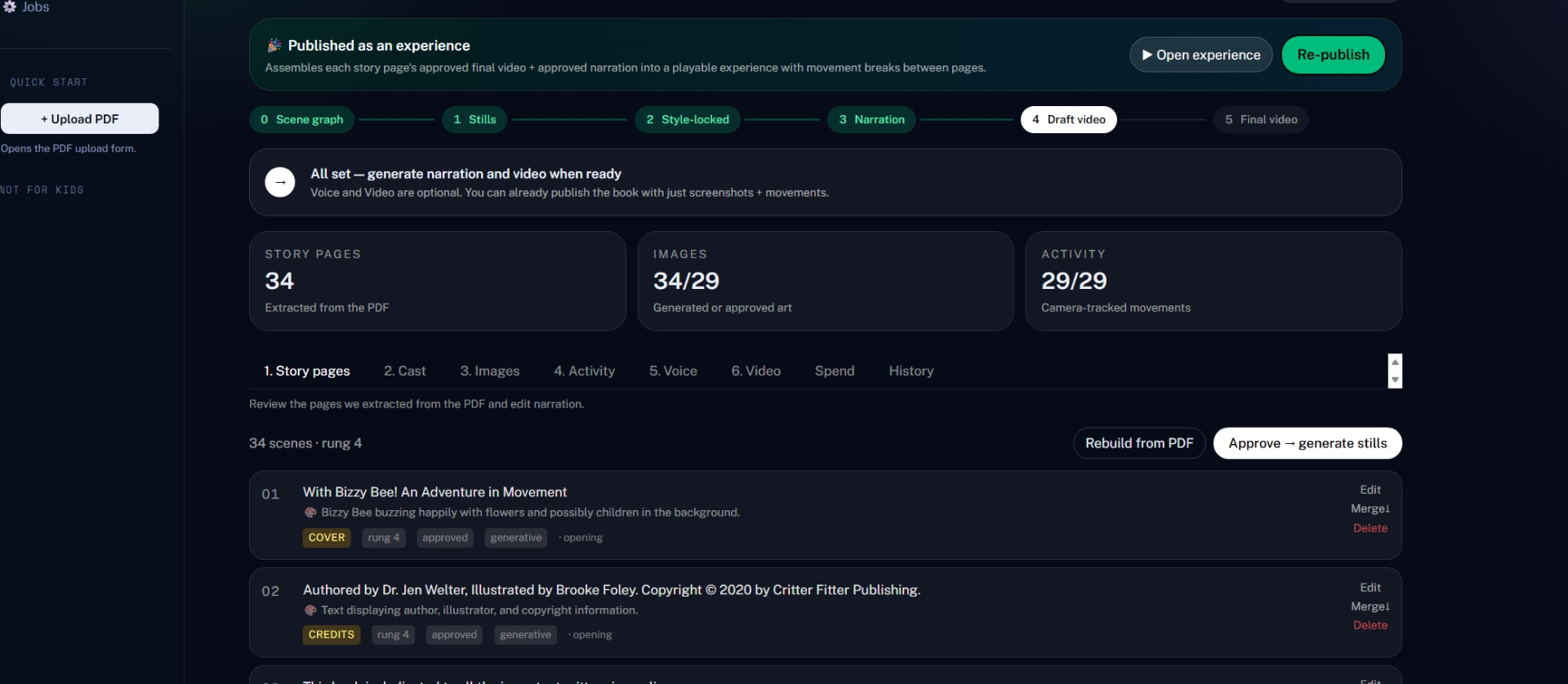 ActivePlay Studio dashboard showing an ingested 34-page book