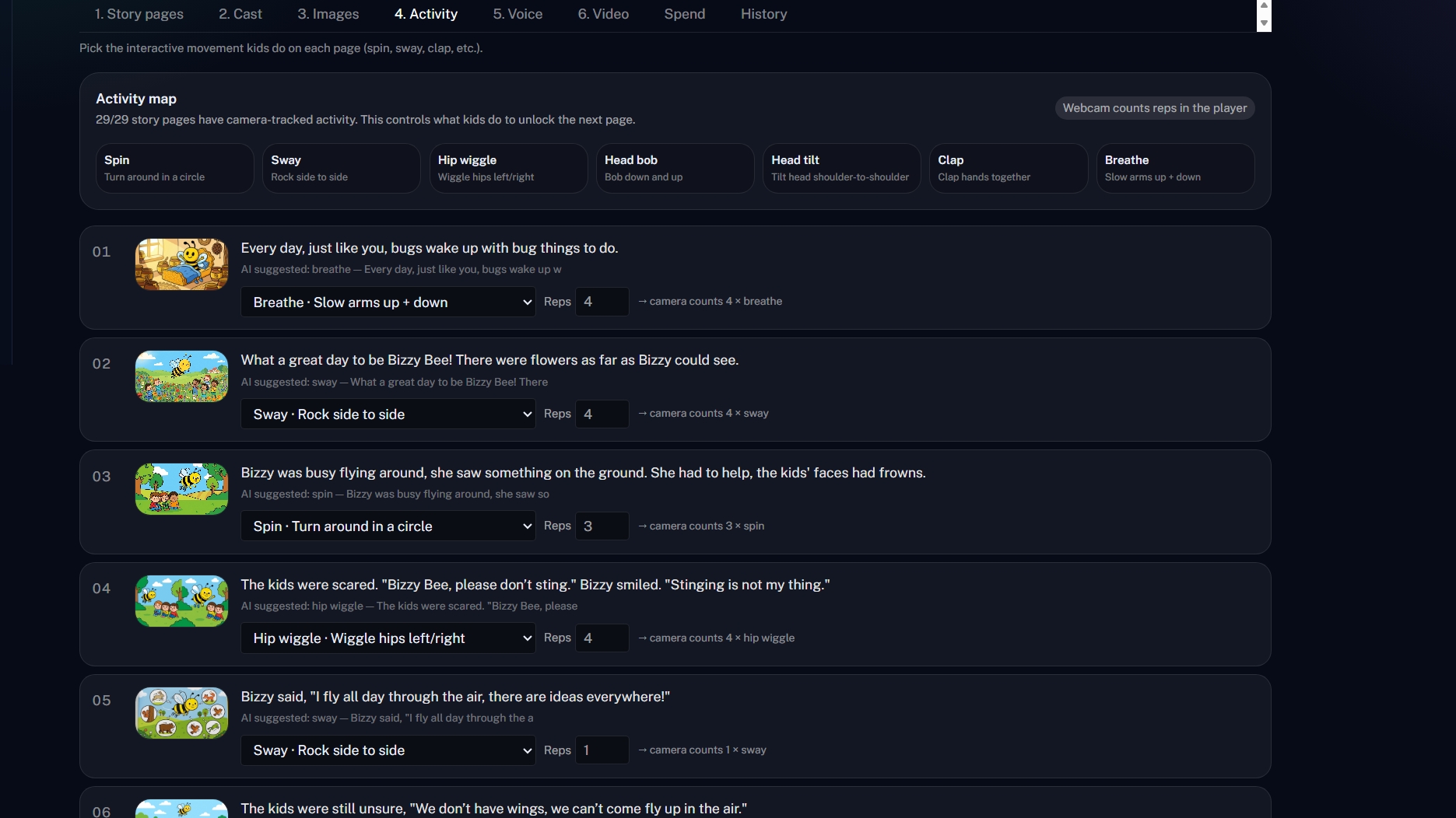 Studio Activity tab mapping movements to pages